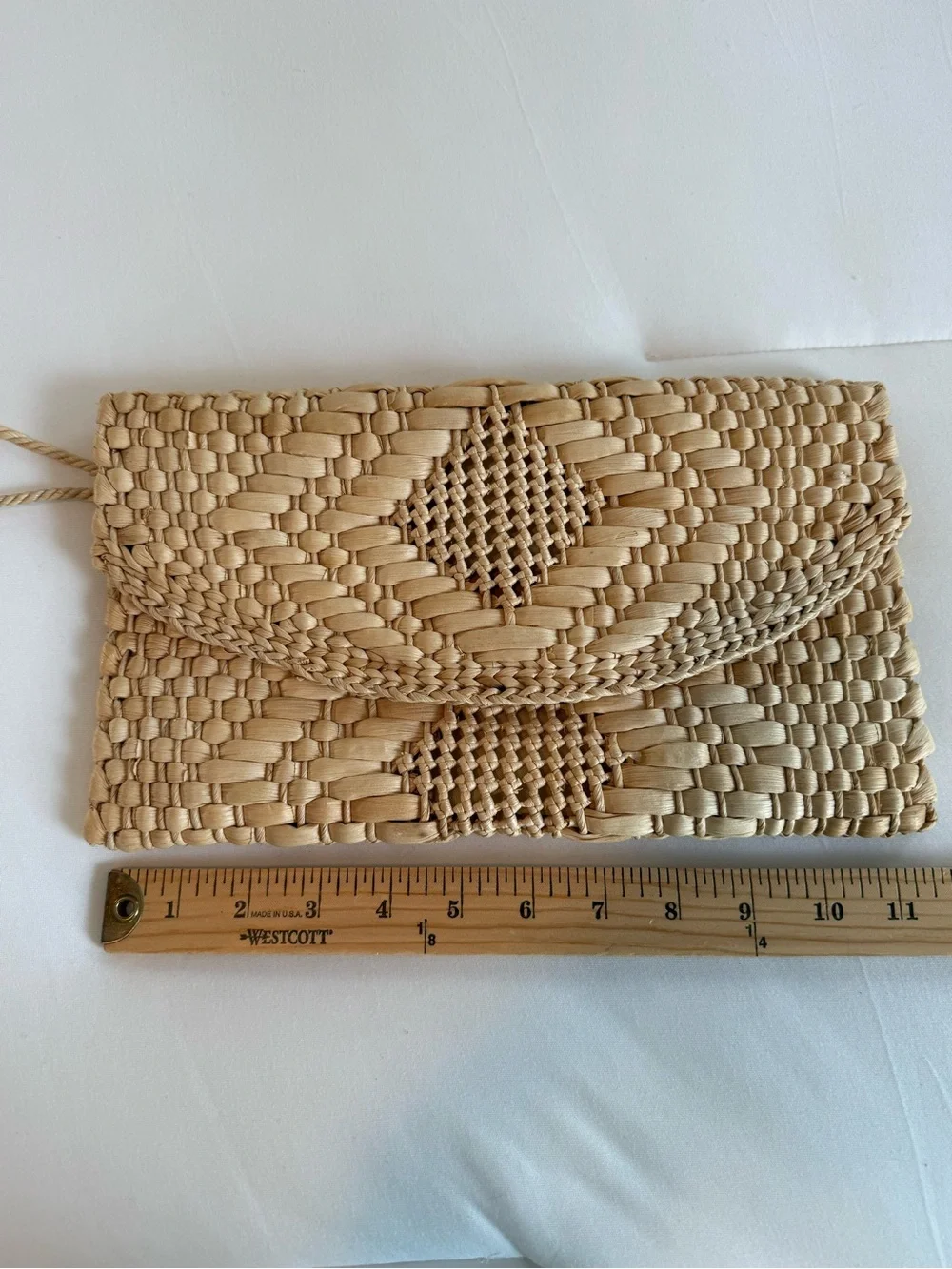 Bohemian Handwoven Straw Envelope Clutch Bag Natural Tan Geometric Design